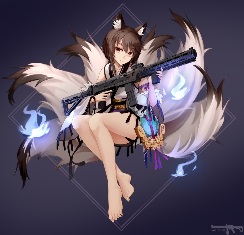 1girl absurdres animal_ears bangs bare_legs barefoot blue_fire brown_eyes brown_hair closed_mouth detached_sleeves feet fire fox_ears fox_tail full_body girls_frontline gun highres holding holding_gun holding_weapon japanese_clothes kimono kitsune legs_together light_smile magpul multiple_tails obi revision sash short_kimono sidelocks skull sleeveless sleeveless_kimono smile solo submachine_gun tail toes tsurime type_79_(girls_frontline) type_79_smg vectorek vertical_foregrip weapon white_kimono wolf_ears wolf_tail