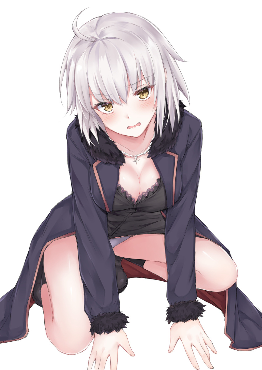1girl absurdres ahoge black_dress blush breasts cleavage coat coffeedog commentary_request dress fate/grand_order fate_(series) full_body fur_trim grey_hair highres jeanne_alter looking_at_viewer open_mouth panties ruler_(fate/apocrypha) short_hair simple_background solo underwear white_background yellow_eyes