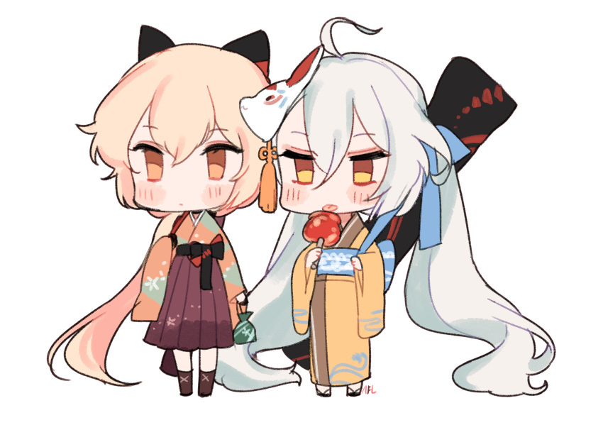 ahoge bangs black_bow blush bow brown_eyes brown_hair brown_kimono brown_skirt candy_apple chibi eating food fox girls_frontline hair_between_eyes hair_bow hakama highres holding holding_food japanese_clothes jitome kimono licking long_hair mask mask_on-head mask_on_mask obi ots-14_(girls_frontline) pkp_(girls_frontline) pleated_skirt ponytail sash shan sidelocks silver_hair simple_background skirt standing tongue tongue_out twintails white_background yellow_eyes