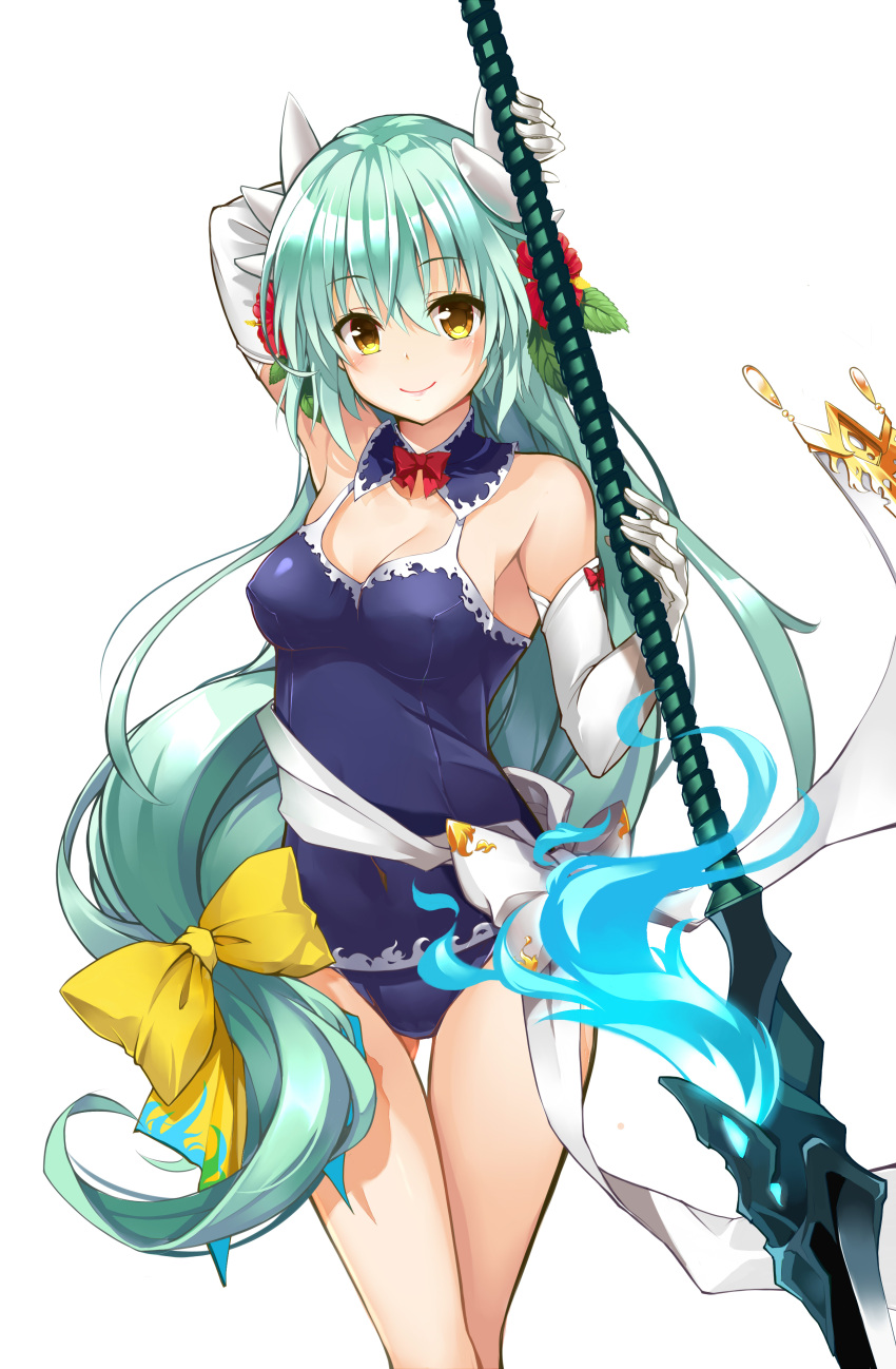 1girl absurdres aqua_hair arm_up blossomsa blue_swimsuit blush bow breasts choker cleavage cowboy_shot elbow_gloves erect_nipples eyebrows_visible_through_hair fate/grand_order fate_(series) floating_hair flower gloves gluteal_fold hair_between_eyes hair_bow hair_flower hair_ornament highres holding holding_weapon horns kiyohime_(fate/grand_order) kiyohime_(swimsuit_lancer)_(fate) long_hair looking_at_viewer one-piece_swimsuit polearm red_bow red_flower sideboob simple_background smile solo spear standing swimsuit very_long_hair weapon white_background white_gloves yellow_bow yellow_eyes