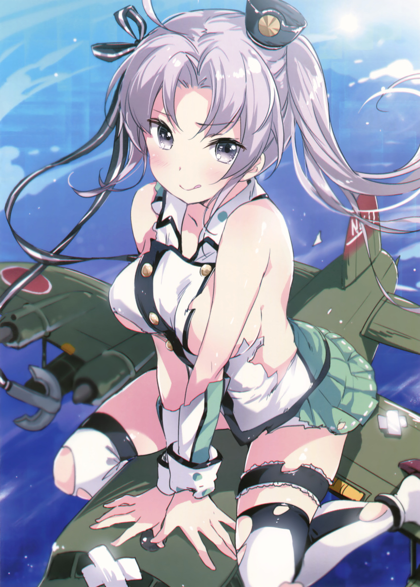 1girl absurdres aircraft airplane akitsushima_(kantai_collection) arm_support bangs breast_press breasts chiyingzai dated flying_boat from_above hair_ornament hair_ribbon hat highres kantai_collection long_hair medium_breasts military military_uniform mini_hat miniskirt nishikitaitei-chan parted_bangs pleated_skirt purple_hair ribbon scan side_ponytail sideboob sidelocks skirt thigh-highs thighs tongue tongue_out torn_clothes uniform very_long_hair violet_eyes water zettai_ryouiki