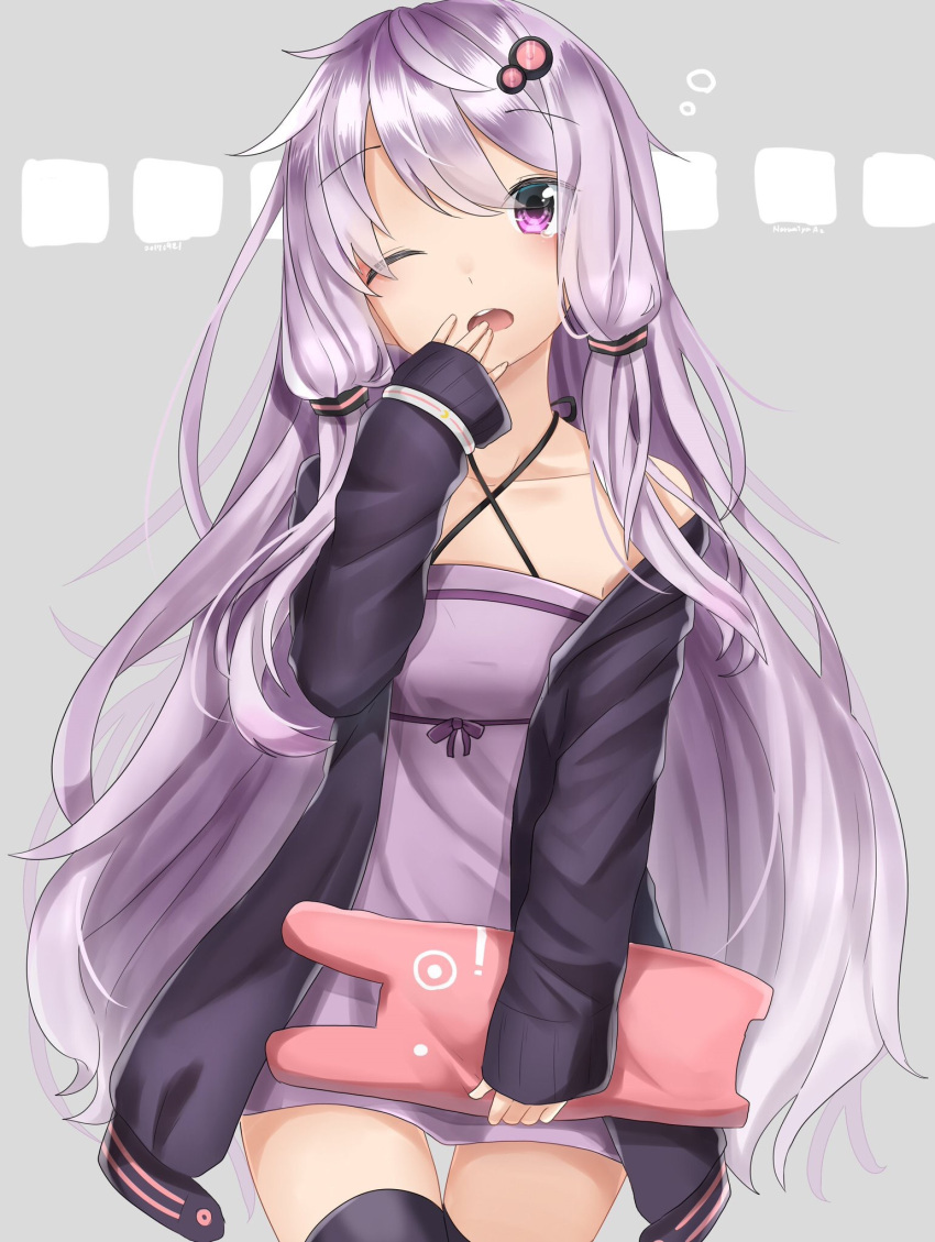 1girl blush bunny_pillow dress hair_ornament hairpin hand_in_front_of_face highres jacket long_hair narumiyaaz off_shoulder one_eye_closed open_clothes open_jacket purple_dress purple_hair sleepy solo strapless strapless_dress tube_dress very_long_hair violet_eyes vocaloid voiceroid yawning yuzuki_yukari
