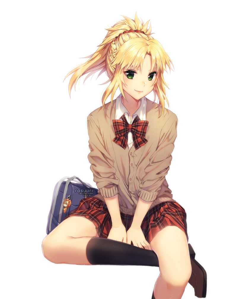 1girl artist_name artoria_pendragon_(all) bag bag_charm bangs black_legwear blonde_hair bow bowtie braid brown_footwear buttons cardigan character_doll charm_(object) fate/apocrypha fate_(series) green_eyes hair_ornament highres loafers looking_at_viewer parted_bangs plaid plaid_neckwear plaid_skirt ponytail rosuuri saber_lion saber_of_red school_bag school_uniform shoes short_hair sidelocks simple_background sitting skirt sleeves_rolled_up smile socks solo v_arms white_background wing_collar