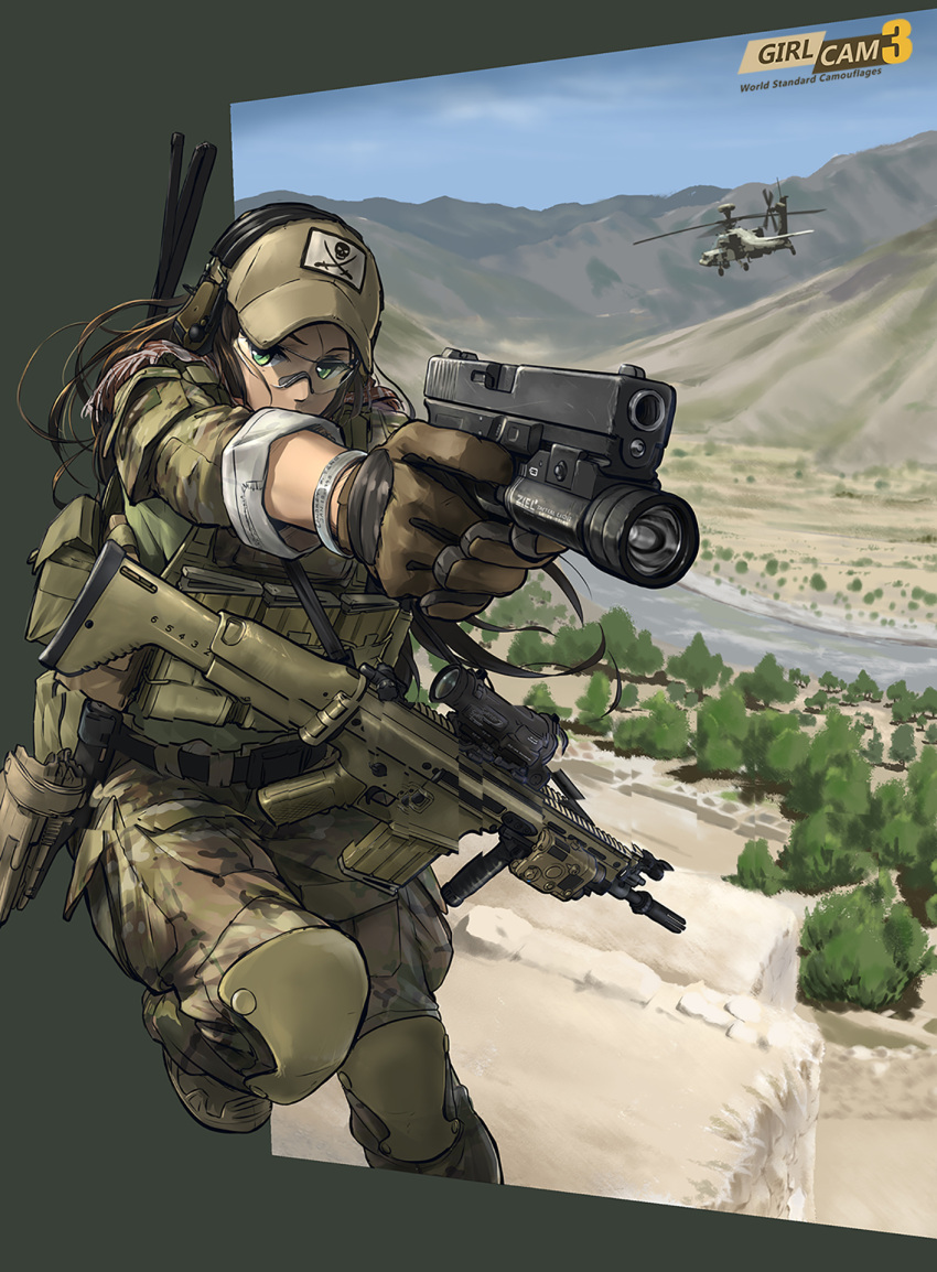 1girl aircraft armor assault_rifle brown_hair fn_scar glasses glock glock_18c green_eyes gun handgun helicopter highres long_hair magazine_(weapon) mcdonnell_douglas_ah-64_apache military military_operator military_uniform rifle skull_print soldier solo tantu_(tc1995) uniform weapon