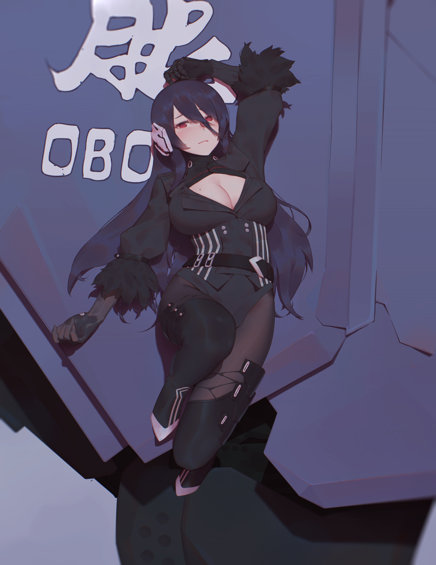 1girl arm_up black_gloves black_hair black_legwear boots breasts cleavage closed_mouth gloves hair_between_eyes headgear highres jidong_zhandui large_breasts leg_up long_hair looking_at_viewer lying maredoro mole mole_on_breast on_back pantyhose red_eyes robot_joints sidelocks solo thigh-highs thigh_boots turtleneck