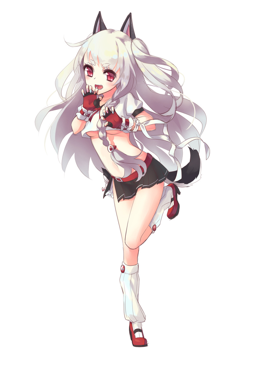 1girl :d animal_ears azur_lane braid chi_yei commentary_request fake_animal_ears fingerless_gloves full_body gloves high_heels highres kneehighs long_hair looking_at_viewer navel open_mouth pleated_skirt red_eyes red_gloves school_uniform serafuku silver_hair simple_background single_braid sketch skirt smile solo standing standing_on_one_leg tail white_background white_legwear wolf_tail yuudachi_(azur_lane)