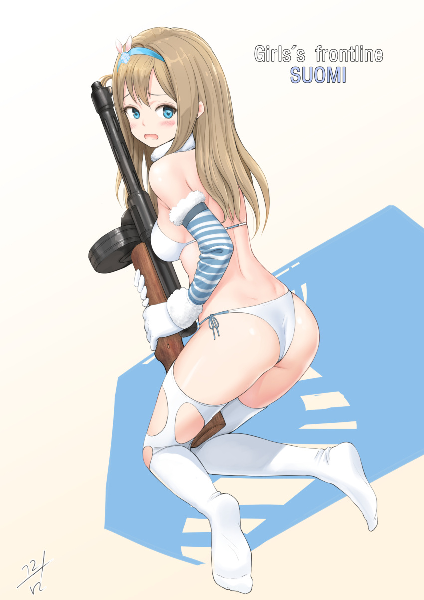 1girl ass back bare_shoulders bikini blue_eyes blue_hairband blush breasts brown_hair character_name copyright_name detached_collar detached_sleeves dimples_of_venus full_body fur-trimmed_sleeves fur_collar fur_trim girls_frontline gloves gun hair_ornament hairband highres holding holding_gun holding_weapon kneeling leaning_forward long_hair long_sleeves looking_at_viewer looking_back medium_breasts mezzo_(orbanga21) no_shoes open_mouth sideboob signature snowflake_hair_ornament solo striped_sleeves submachine_gun suomi_kp/-31 suomi_kp31_(girls_frontline) swimsuit thigh-highs torn_clothes torn_thighhighs weapon white_bikini white_gloves white_legwear