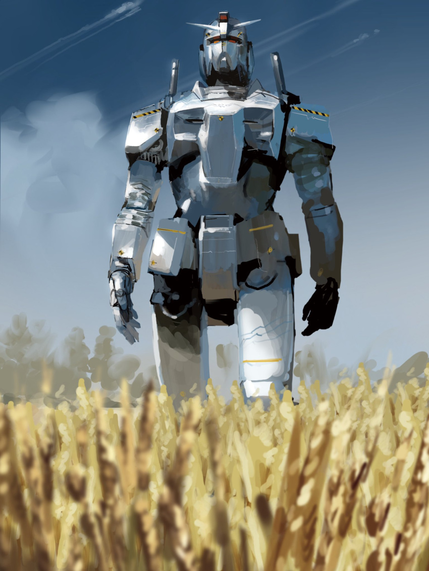 arms_at_sides blue_sky clouds cloudy_sky contrail day gundam gundam_msv highres looking_at_viewer mobile_suit mobile_suit_gundam no_humans outdoors prototype_gundam red_eyes rintaro_komori robot science_fiction sky solo v-fin walking wheat_field
