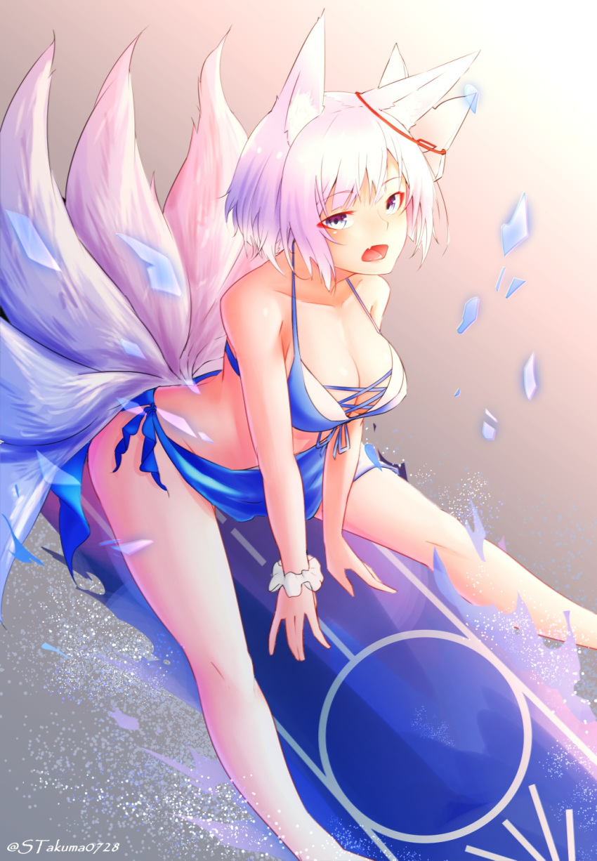 1girl animal_ears artist_request azur_lane bikini blue_bikini blue_eyes blush breasts cleavage fang fox_ears fox_mask fox_tail halter_top halterneck highres kaga_(azur_lane) large_breasts looking_at_viewer mask mask_on_head multiple_tails open_mouth short_hair solo swimsuit tail white_hair