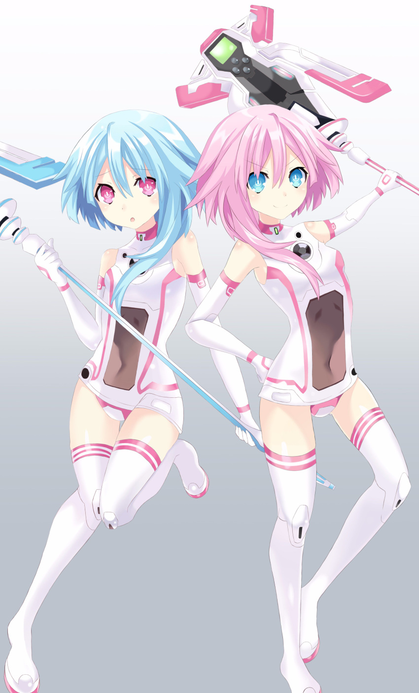 2girls absurdres bare_shoulders blue_eyes blue_hair blush elbow_gloves gloves highres long_hair looking_at_viewer multiple_girls neptune_(series) open_mouth pink_hair power_symbol ramu-on@_shinon smile staff symbol-shaped_pupils white_sister_ram white_sister_rom