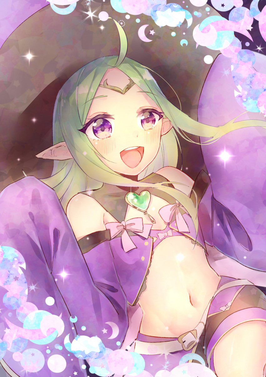 1girl absurdres ahoge blush cape circlet fire_emblem fire_emblem:_kakusei fire_emblem_heroes gloves green_hair halloween hat highres long_hair mamkute mirin. navel nowi_(fire_emblem) open_mouth pointy_ears smile solo violet_eyes witch
