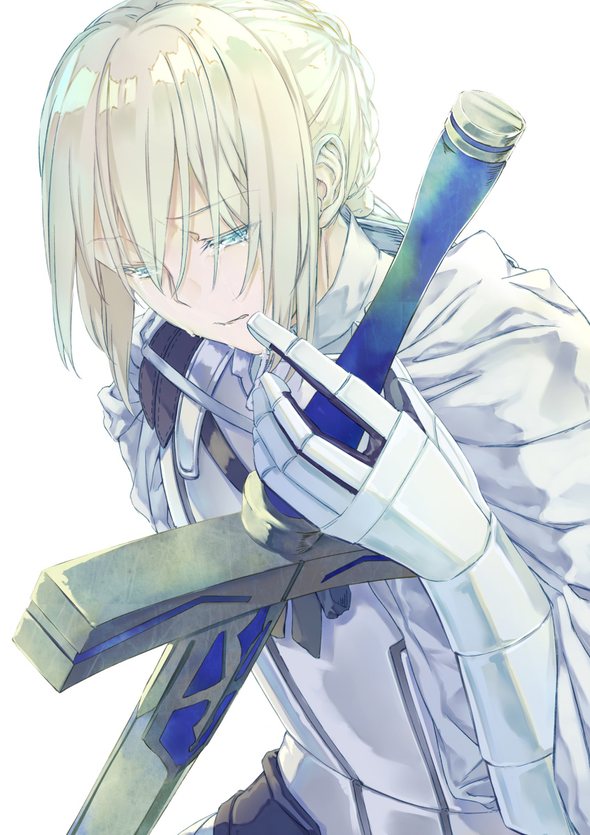 1girl bedivere blonde_hair blue_eyes breastplate cape commentary_request crying crying_with_eyes_open excalibur fate/grand_order fate_(series) gauntlets highres holding holding_sword holding_weapon long_hair parted_lips saijou_haruki simple_background solo sword tears weapon