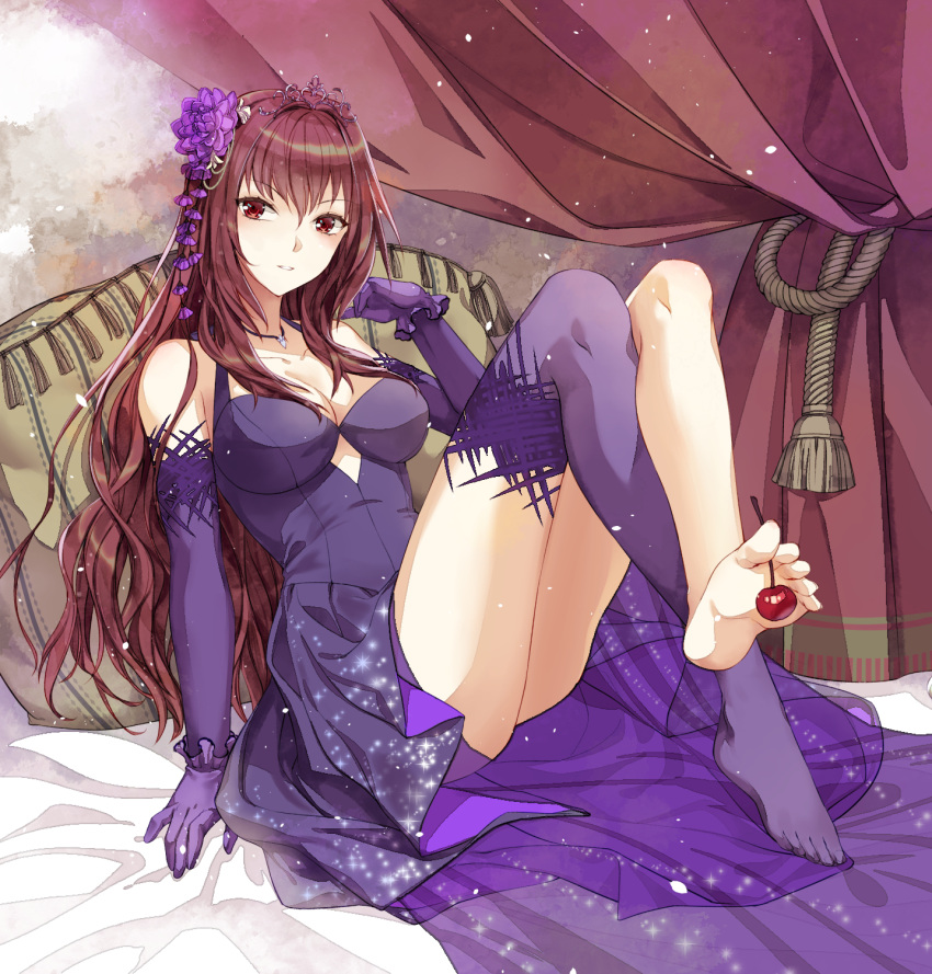 1girl bangs bed_sheet between_toes blush breasts brown_hair cherry curtains dress elbow_gloves eyebrows_visible_through_hair fate/grand_order fate_(series) flower food fruit gloves hair_between_eyes hair_flower hair_ornament highres indoors jh legs_crossed light_smile long_hair looking_at_viewer medium_breasts on_bed parted_lips pillow purple_dress purple_flower purple_gloves scathach_(fate/grand_order) single_thighhigh sitting smile soles solo thigh-highs thighs tiara violet_eyes