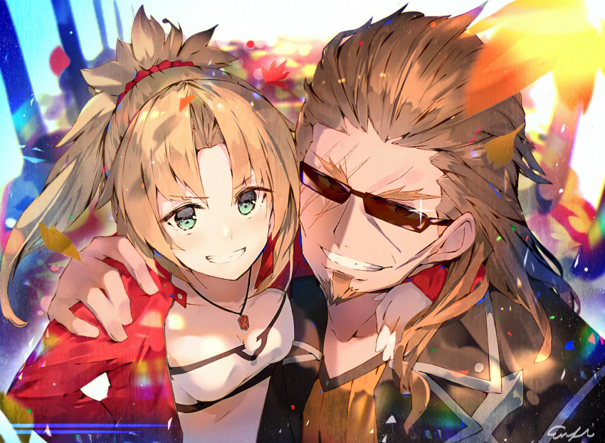 1boy 1girl artist_name bandeau bangs blazer blonde_hair blurry bokeh breasts brown_hair collarbone dappled_sunlight depth_of_field enj! eyebrows_visible_through_hair facial_hair fate/apocrypha fate_(series) glint goatee grin highres jacket leaf lens_flare long_hair looking_at_viewer maple_leaf open_blazer open_clothes open_jacket ponytail saber_of_red shishigou_kairi sidelocks small_breasts smile sunglasses sunlight teeth v-neck