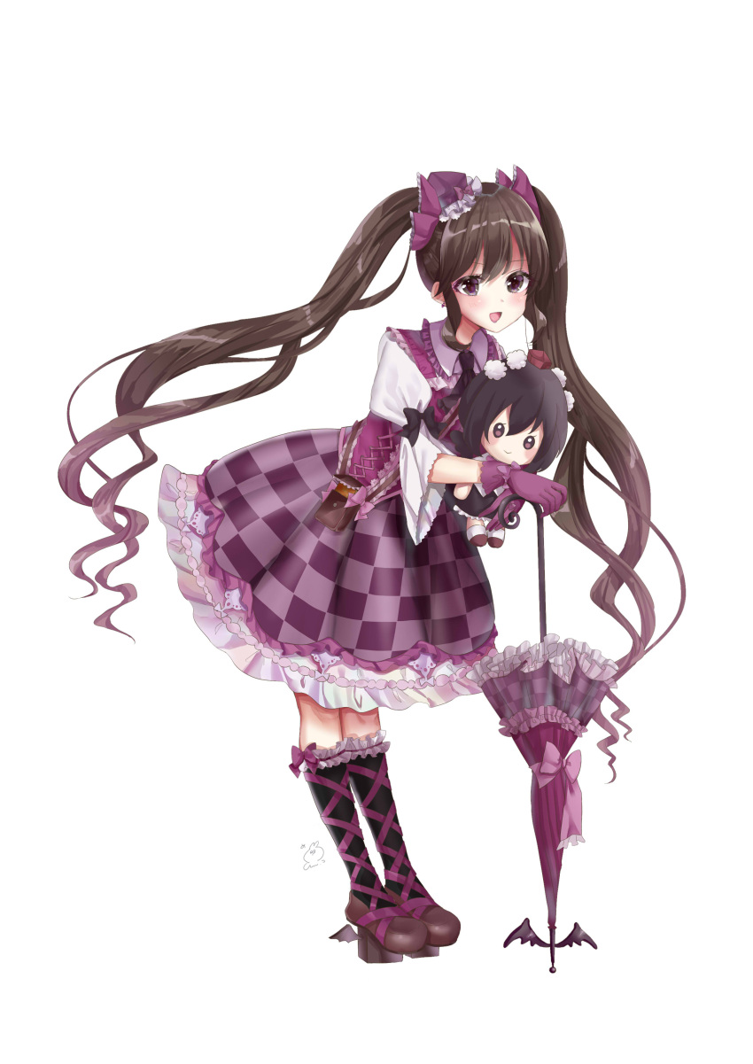 1girl :d absurdres black_legwear bow brown_footwear brown_hair character_doll checkered checkered_skirt commentary_request frills gloves hair_bow highres himekaidou_hatate holding_doll kneehighs leaning_forward looking_at_viewer necktie open_mouth petticoat puffy_short_sleeves puffy_sleeves purple_bow purple_gloves purple_skirt sei_ichi_(shiratamamikan) shameimaru_aya shirt shoes short_sleeves simple_background skirt smile solo touhou twintails umbrella violet_eyes white_background white_shirt