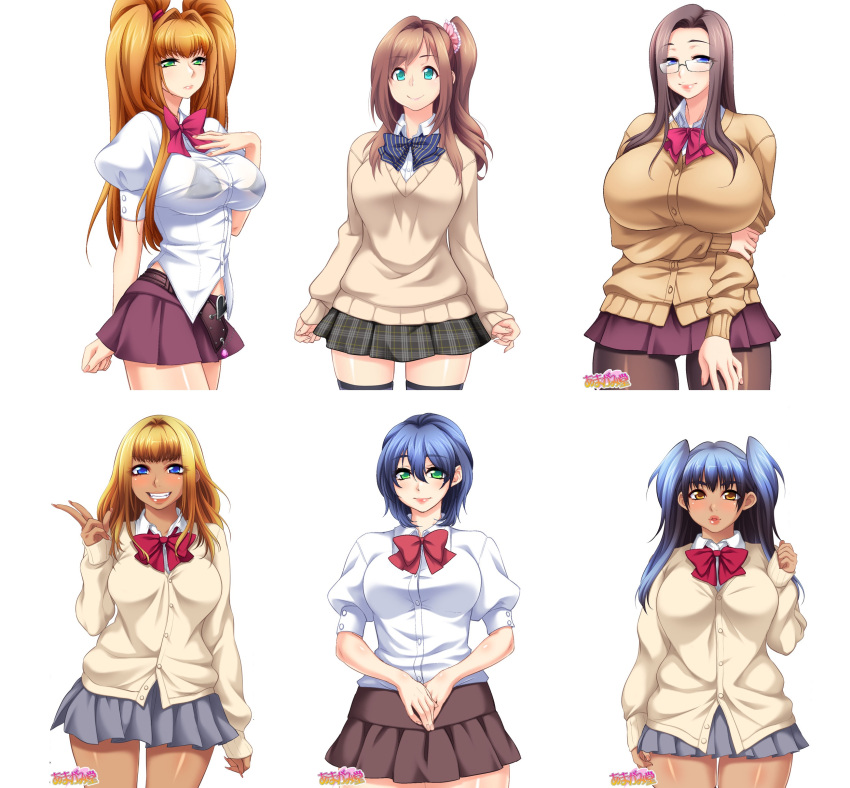 6+girls absurdres agawa_ryou aqua_eyes black_legwear blonde_hair blue_eyes blue_hair blush bow bowtie breasts brown_eyes brown_hair buttons cardigan glasses green_eyes hair_ornament highres huge_breasts large_breasts lips long_hair looking_at_viewer miniskirt multiple_girls pantyhose pleated_skirt red_bow red_neckwear school_uniform see-through shirt short_hair side_ponytail simple_background skirt smile sweater thigh-highs twintails underwear v white_background white_shirt