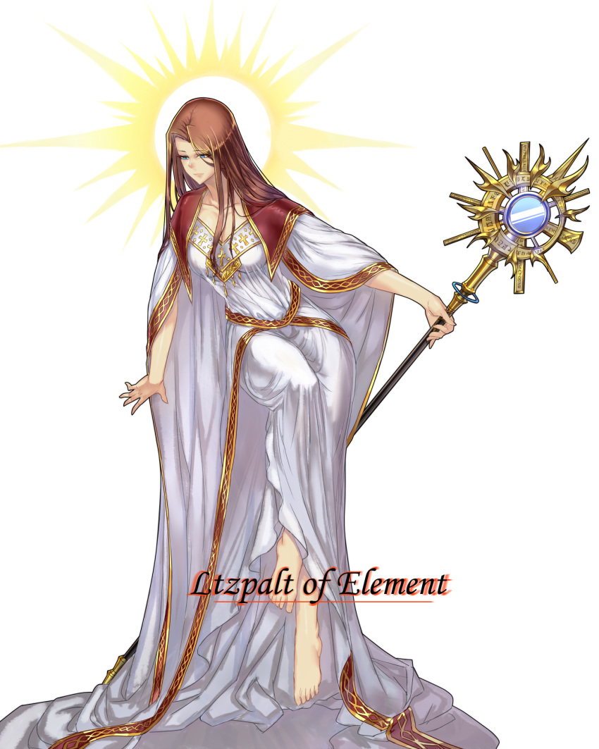 1girl bare_arms bare_legs barefoot blue_eyes breasts brown_hair character_name cleavage closed_mouth collarbone cross dress elona eyebrows eyebrows_visible_through_hair eyelashes eyes_visible_through_hair facing_away full_body genderswap genderswap_(mtf) goddess highres holding holding_staff itzpalt_of_element light long_hair looking_away looking_down medium_breasts nose palms runes simple_background solo staff straight_hair sw_(2311550438) text white_background white_dress