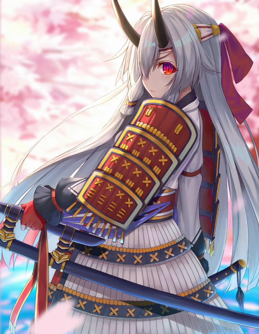 1girl armor bangs blurry blush cherry_blossoms closed_mouth depth_of_field fate/grand_order fate_(series) hachimaki hair_between_eyes headband highres japanese_armor katana long_hair looking_at_viewer looking_back mhong oni_horns outdoors red_eyes sheath sheathed sidelocks silver_hair sode solo sword tomoe_gozen_(fate/grand_order) very_long_hair weapon