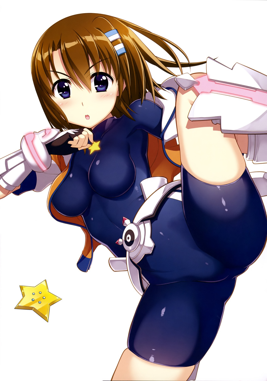 1girl :o absurdres arm_up armor belt black_bodysuit black_gloves blue_eyes blue_hairclip blue_sleeve_ends blush bodysuit boots breasts brown_hair cosplay cropped_jacket fingerless_gloves fujima_takuya gauntlets gloves gluteal_fold hair_between_eyes high_kick highres impossible_bodysuit impossible_clothes jacket kicking knee_boots large_breasts lyrical_nanoha mahou_shoujo_lyrical_nanoha_vivid miura_rinaldi miura_rinaldi_(cosplay) multicolored multicolored_clothes multicolored_hairclip multicolored_jacket neon_trim off_shoulder official_art open_mouth orange_jacket print_bodysuit short_hair simple_background skindentation star star_print star_saber white_background white_belt white_footwear white_hairclip white_sleeves yagami_hayate