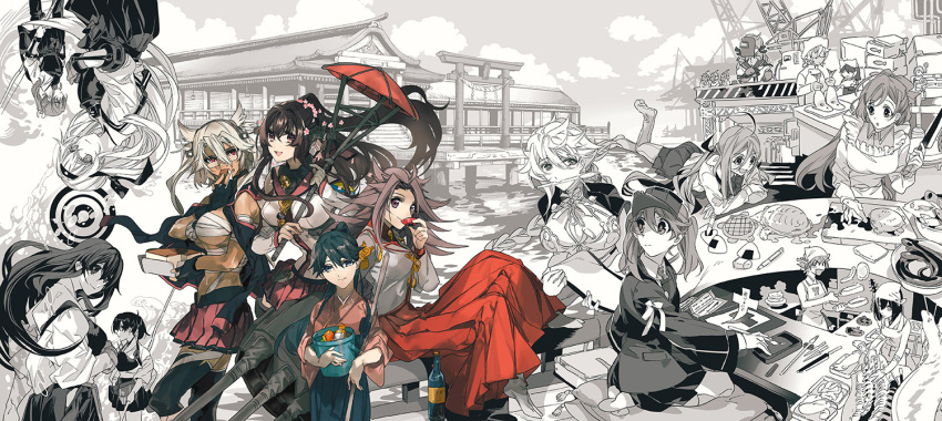 6+girls :d ahoge akagi_(kantai_collection) akashi_(kantai_collection) alternate_costume apron architecture asymmetrical_hair bangs bare_shoulders black_legwear blood blue_eyes blue_hair blue_hakama bottle bow bowl bowtie box braid breasts brown_eyes brown_hair brush bucket budget_sarashi cake calligraphy calligraphy_brush cardboard_box chef_uniform cleavage cleavage_cutout closed_mouth cloud_print collar collared_shirt cooking crane cushion cutting_board dark_skin dessert dress drinking east_asian_architecture elbow_gloves eyebrows_visible_through_hair fairy_(kantai_collection) fish flower food frying_pan gauge glasses gloves hair_between_eyes hair_bow hair_flower hair_ornament hair_ribbon hairband hakama hakama_skirt hattori_masahiko headband headgear hiei_(kantai_collection) holding_bucket holding_fish houshou_(kantai_collection) ink inkwell japanese_clothes jun'you_(kantai_collection) kaga_(kantai_collection) kantai_collection kappougi kariginu kimono kiyoshimo_(kantai_collection) large_breasts light_brown_hair long_hair long_sleeves looking_at_viewer low_twintails magatama mamiya_(kantai_collection) medium_hair miniskirt multiple_girls multiple_monochrome muneate musashi_(kantai_collection) nontraditional_miko ocean onigiri open_mouth oriental_umbrella paintbrush pantyhose pen pencil pink_kimono ponytail purple_hair red_hakama ribbon rope ryuujou_(kantai_collection) sarashi shide shikigami shimenawa shirt short_hair short_hair_with_long_locks shoukaku_(kantai_collection) side_ponytail single_braid sitting skirt sleeveless sleeveless_dress smile spiky_hair straight_hair swept_bangs tabi table tasuki thigh-highs torii turtle twintails two_side_up umbrella under-rim_eyewear unryuu_(kantai_collection) very_long_hair violet_eyes visor_cap waving wide_sleeves yamashiro_(kantai_collection) yamato_(kantai_collection) zuikaku_(kantai_collection)