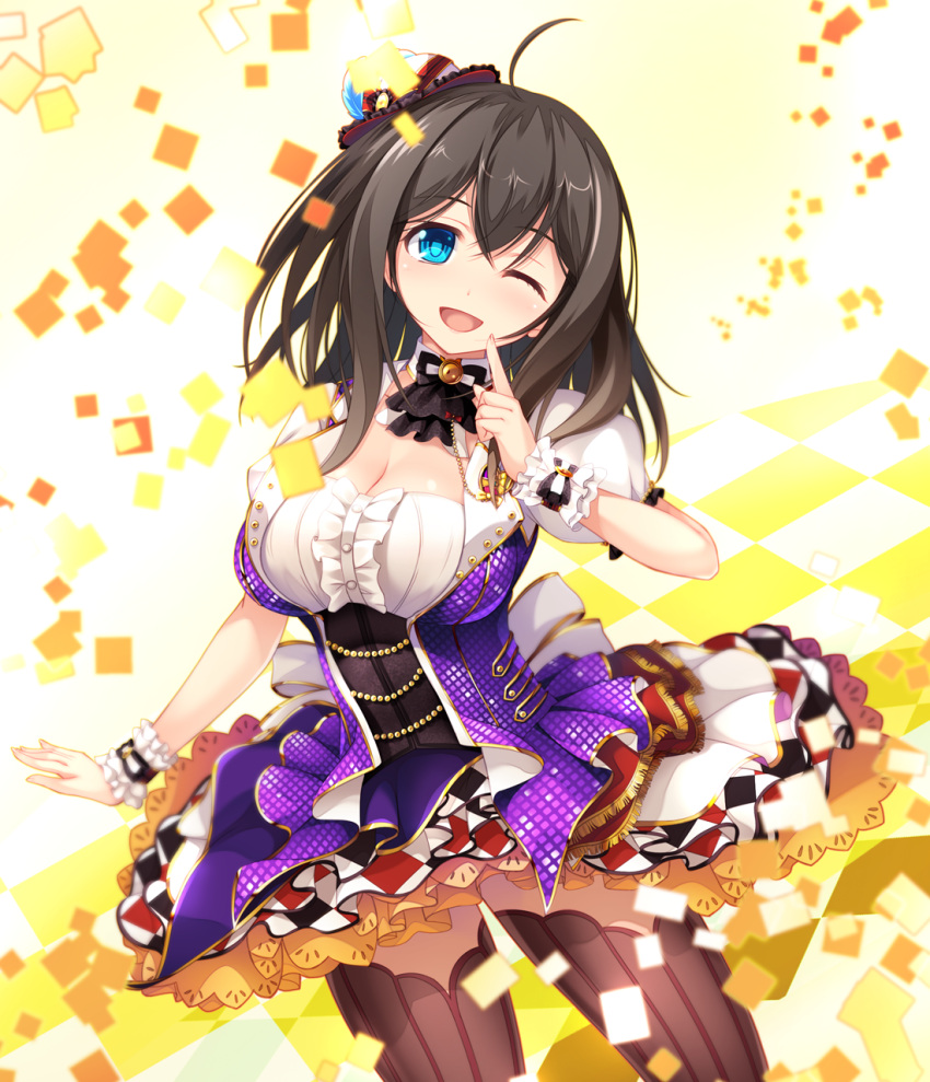 1girl black_hair blue_eyes blush breasts dress hairband hat highres idolmaster idolmaster_cinderella_girls idolmaster_cinderella_girls_starlight_stage large_breasts long_hair looking_at_viewer mini_hat one_eye_closed open_mouth puffy_short_sleeves puffy_sleeves sagisawa_fumika short_sleeves showtime_illusion smile tebukuro thigh-highs
