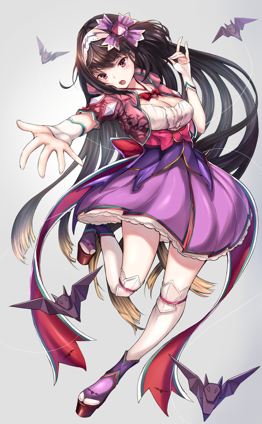 1girl absurdres black_hair breasts brown_hair cleavage fate/grand_order fate_(series) full_body gradient_hair hairband highres long_hair looking_at_viewer multicolored_hair osakabe-hime_(fate/grand_order) outstretched_arm pdxen solo twintails very_long_hair violet_eyes