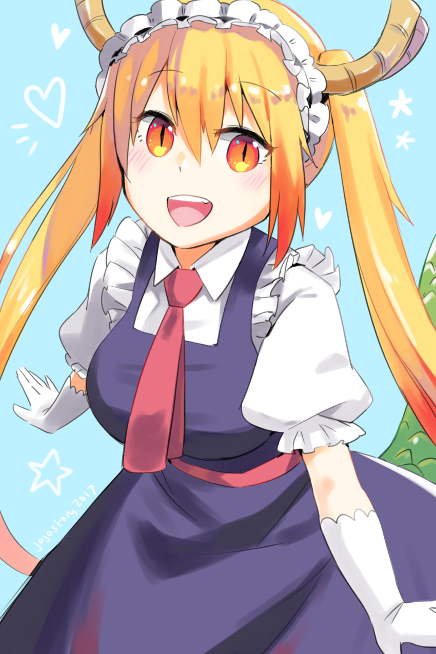 1girl blonde_hair blue_background blush breasts dragon_girl dragon_horns eyebrows_visible_through_hair gloves gradient_hair highres horns joy_kim kobayashi-san_chi_no_maidragon large_breasts long_hair looking_at_viewer maid maid_headdress multicolored_hair necktie open_mouth signature slit_pupils smile solo tail tooru_(maidragon) twintails white_gloves