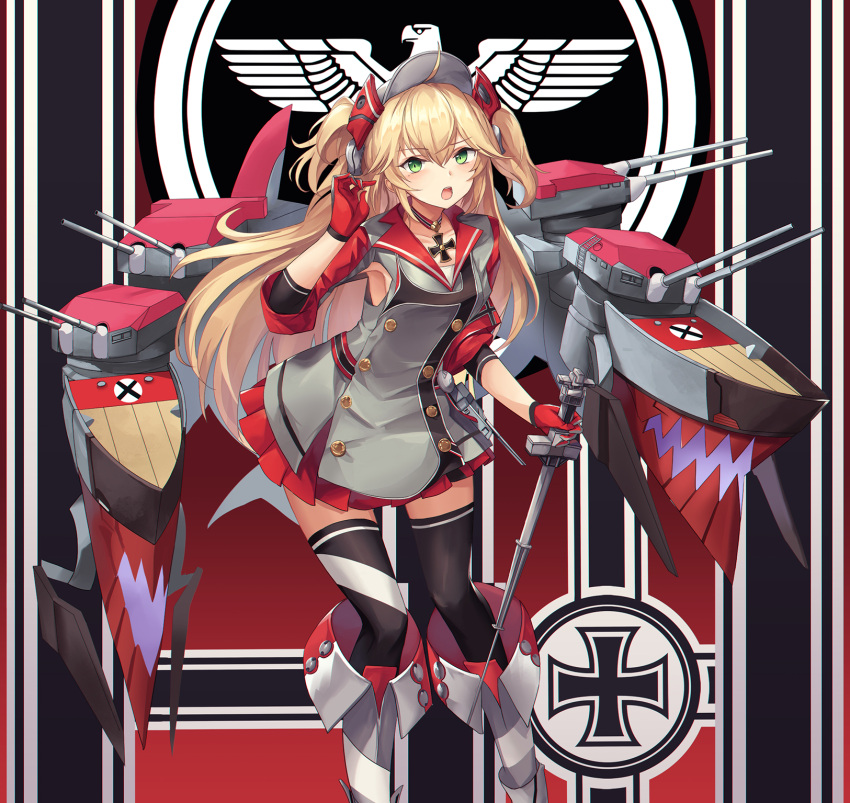 1girl admiral_hipper_(azur_lane) ahoge armpits azur_lane black_legwear choker commentary_request eruthika gloves green_eyes highres holding iron_cross light_brown_hair long_hair looking_at_viewer machinery pleated_skirt red_gloves skirt solo thigh-highs turret two_side_up wand zettai_ryouiki