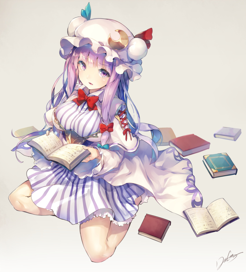 1girl artist_name bangs bare_legs blue_bow blunt_bangs book bow bowtie breasts capelet commentary_request crescent crescent_hair_ornament deecha dress eyebrows_visible_through_hair full_body hair_bow hair_ornament hat highres holding holding_book large_breasts long_sleeves looking_at_viewer mob_cap patchouli_knowledge purple_hair red_bow red_neckwear sidelocks signature simple_background sitting solo striped striped_dress touhou violet_eyes white_hat