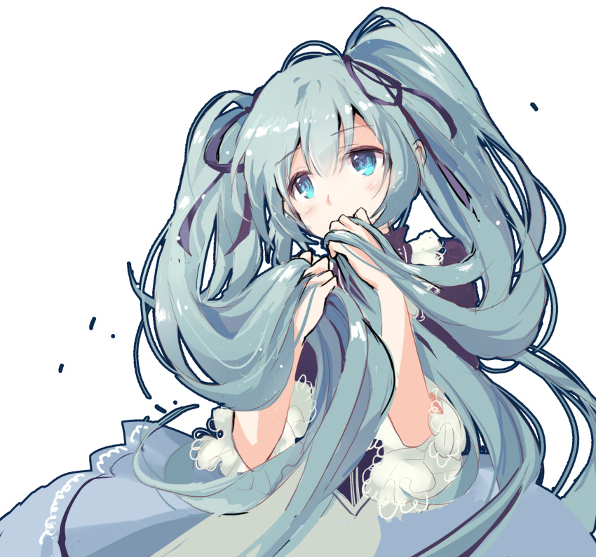 1girl dress hair_ribbon hatsune_miku highres long_hair ribbon shangguan_feiying solo twintails very_long_hair vocaloid white_background