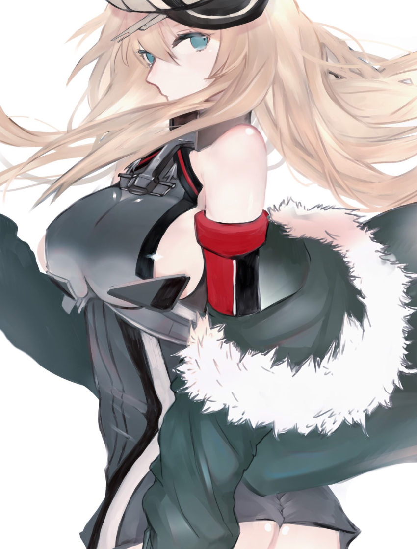 1girl anchor aqua_eyes bare_shoulders bismarck_(kantai_collection) blonde_hair blue_eyes breasts coat cowboy_shot detached_sleeves elbow_gloves from_side fur_collar fur_trim gloves hair_between_eyes hat highres kantai_collection long_hair looking_at_viewer military military_hat military_uniform okayu_(papiko1111) peaked_cap sideboob simple_background solo uniform white_background