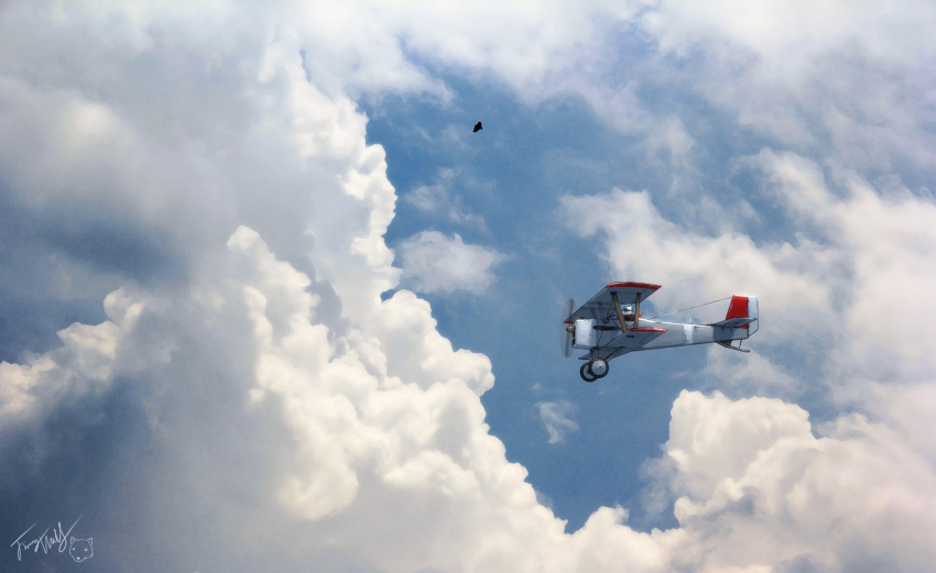 aircraft airplane animal biplane bird blue_sky clothed_animal clouds cloudy_sky day flying highres langbazi no_humans original outdoors scenery signature sky solo