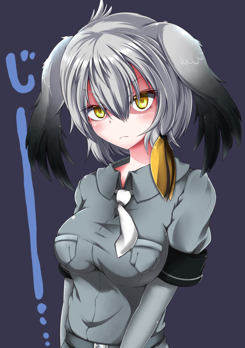 &gt;:( 1girl ahoge asymmetrical_hair bangs belt bird_wings black_hair blonde_hair blush bodystocking breast_pocket breasts closed_mouth collared_shirt commentary eyebrows_visible_through_hair feathered_wings grey_hair grey_shirt hair_between_eyes hair_tie head_wings highres impossible_clothes impossible_shirt kemono_friends long_hair looking_at_viewer low_ponytail medium_breasts muki_(munikichan) multicolored_hair necktie orange_hair pocket shirt shoebill_(kemono_friends) short_sleeves side_ponytail silver_hair solo upper_body white_neckwear wings yellow_eyes