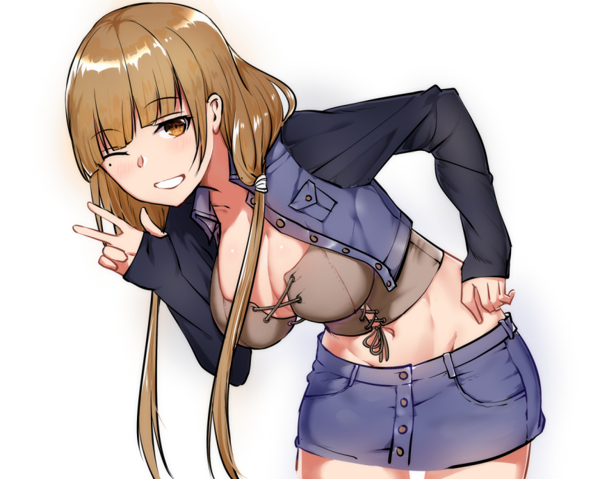 1girl ;d bangs blush breasts brown_hair cleavage cowboy_shot denim denim_skirt eyebrows_visible_through_hair large_breasts leaning_forward long_hair long_sleeves looking_at_viewer low_twintails midriff miniskirt mole mole_under_eye navel one_eye_closed open_mouth original simple_background skirt sleeves_past_wrists smile solo twintails w white_background xiu_jiayihuizi