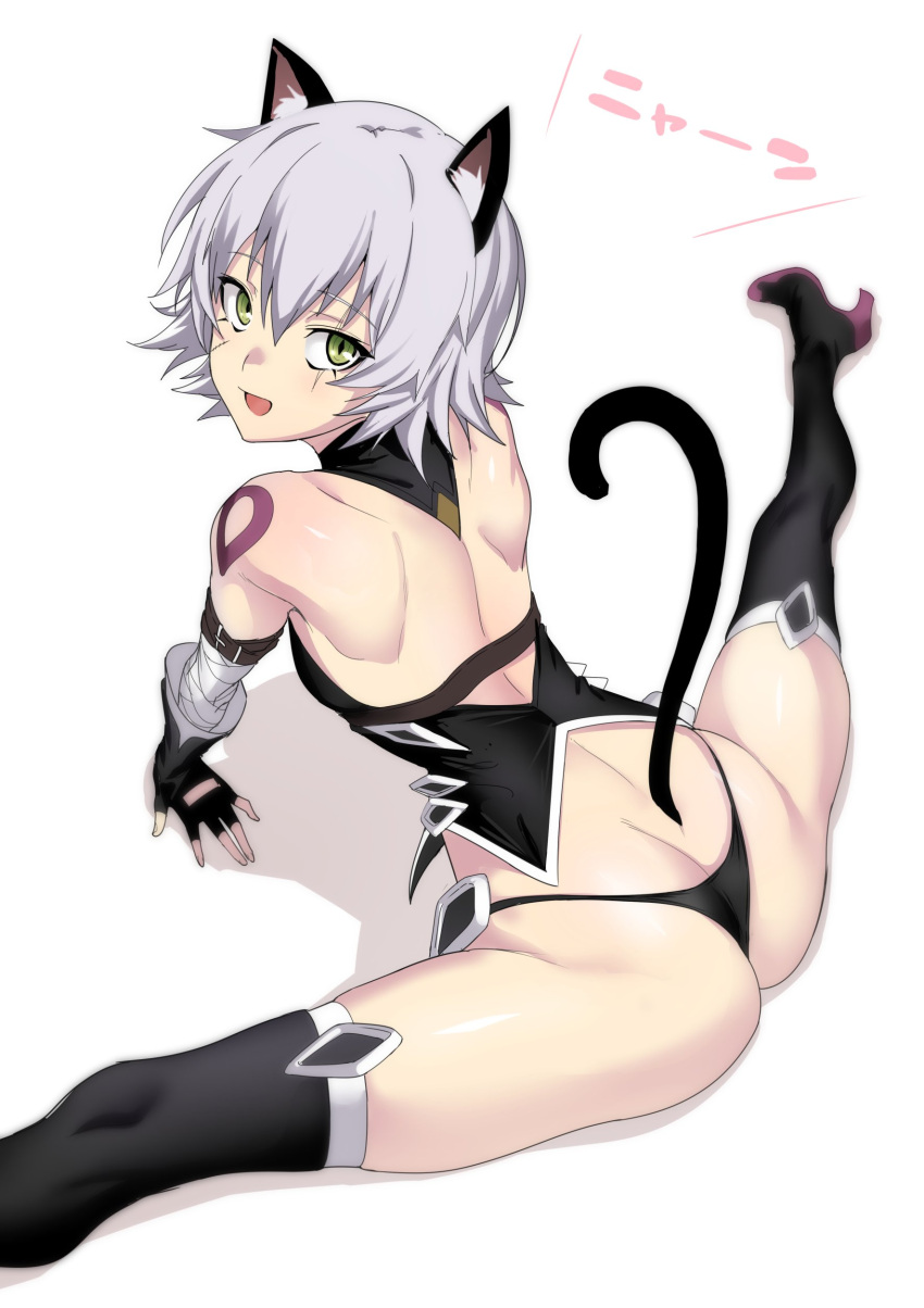 1girl absurdres animal_ears arm_strap arm_support ass assassin_of_black bandage bandaged_arm bare_shoulders black_gloves black_legwear black_panties boots breasts cat_ears cat_tail fate/apocrypha fate_(series) fingerless_gloves from_above from_behind gloves green_eyes hair_between_eyes high_heels highres kemonomimi_mode leaning_forward looking_at_viewer looking_back looking_up open_mouth panties scar scar_across_eye short_hair shoulder_blades silver_hair simple_background sitting small_breasts solo split spread_legs tail tattoo thigh-highs thigh_boots ulrich_(tagaragakuin) underwear white_background