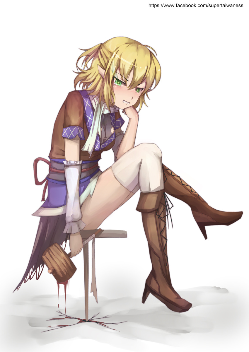 1girl absurdres arm_warmers blonde_hair blood boots brown_footwear commentary_request cs12345655 green_eyes hand_on_own_chin highres holding holding_weapon mallet mizuhashi_parsee pointy_ears scarf short_sleeves sitting solo tears thigh-highs touhou weapon white_legwear white_scarf