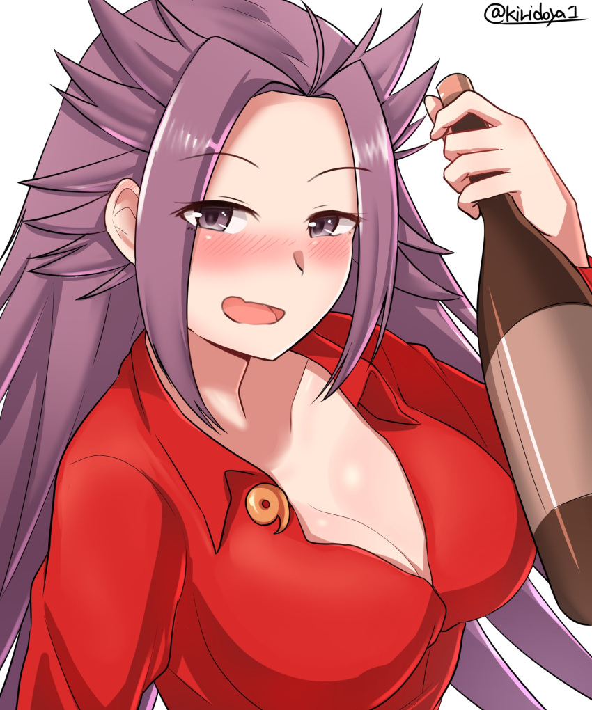 1girl absurdres alcohol blush bottle breasts cleavage collarbone drunk eyebrows_visible_through_hair eyes_visible_through_hair highres holding holding_bottle jun'you_(kantai_collection) kantai_collection kiritto large_breasts long_hair long_sleeves looking_at_viewer nose_blush open_clothes open_mouth open_shirt pink_hair red_shirt shirt simple_background solo spiky_hair twitter_username upper_body violet_eyes white_background