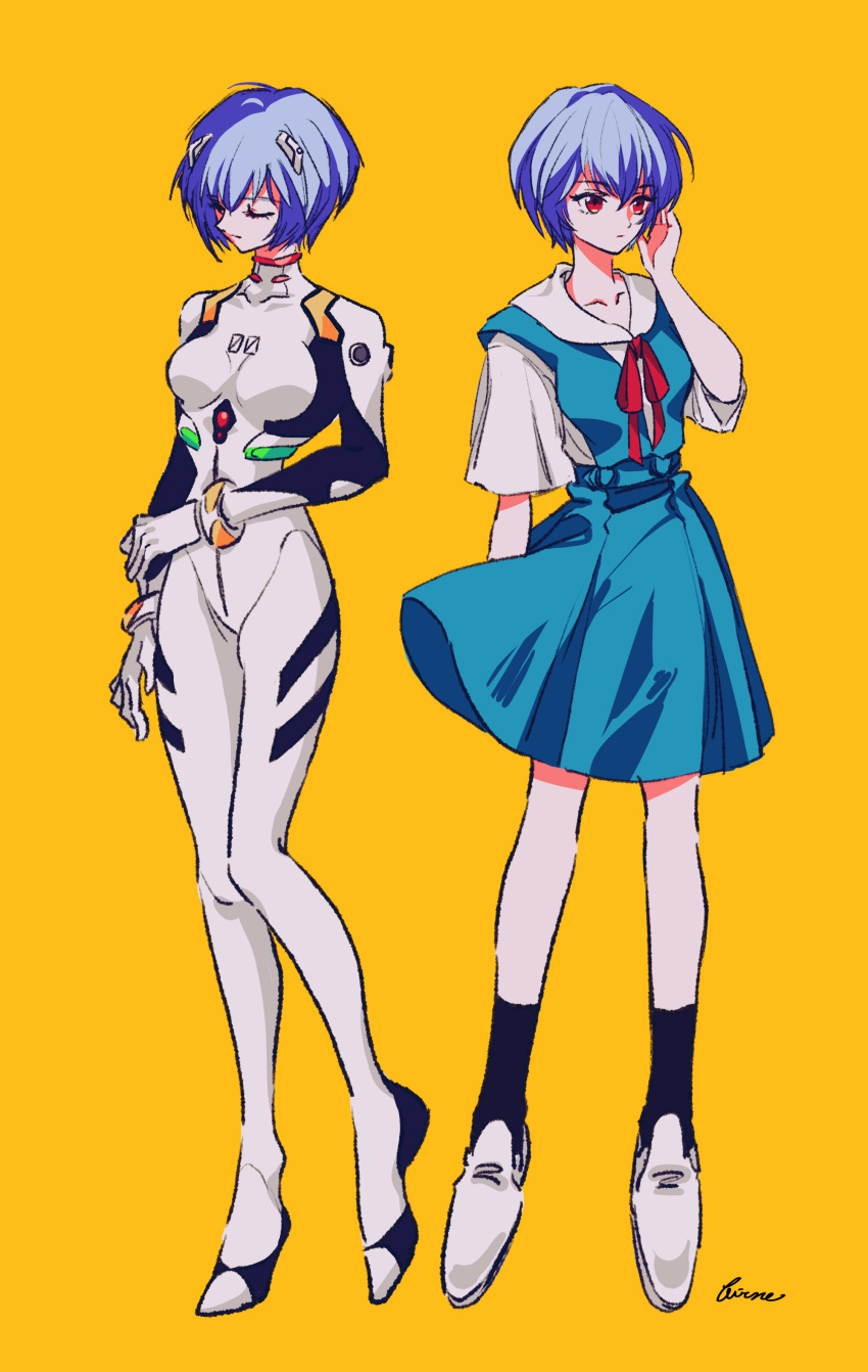 1girl absurdres ayanami_rei black_legwear blue_dress blue_hair bodysuit closed_eyes dress full_body highres mii_(ff96zgrckhox) multiple_views neon_genesis_evangelion plugsuit red_eyes red_neckwear red_ribbon ribbon school_uniform shirt shoes short_hair short_sleeves signature simple_background socks standing white_bodysuit white_footwear white_shirt yellow_background