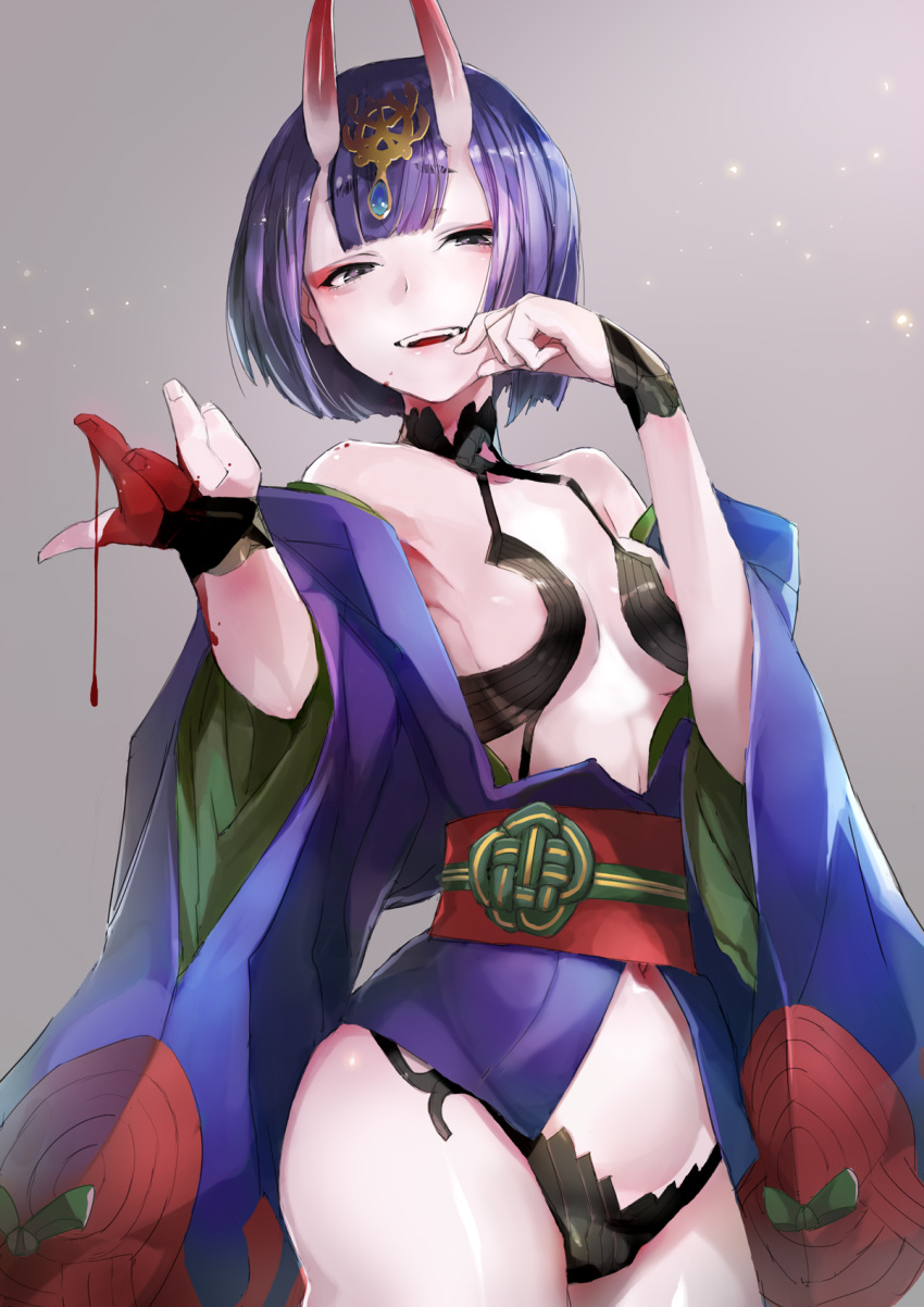 1girl :d bare_shoulders blood bloody_hands blush breasts commentary_request cowboy_shot dripping eyebrows_visible_through_hair eyeshadow fate/grand_order fate_(series) finger_to_mouth fingernails gradient gradient_background grey_background headpiece highres japanese_clothes kimono light_particles long_sleeves looking_at_viewer makeup navel off_shoulder oni_horns open_clothes open_kimono open_mouth purple_hair purple_kimono revealing_clothes short_hair short_kimono shuten_douji_(fate/grand_order) small_breasts smile solo standing taishi_(picchiridou) teeth thighs violet_eyes wide_sleeves