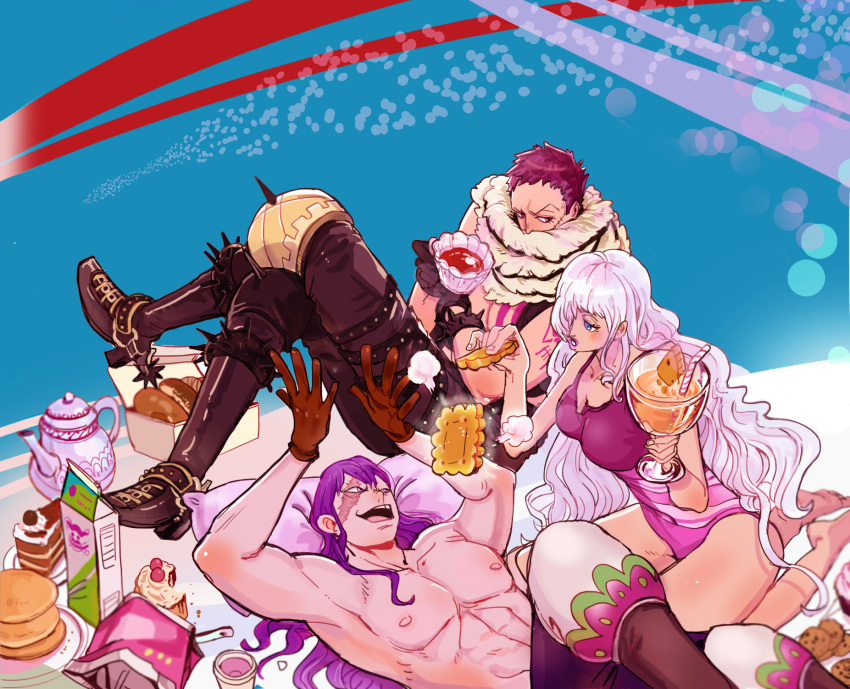 1girl 2boys abs artist_request barefoot biscuit black_hair blue_eyes bodysuit boots breasts brother_and_sister cake charlotte_cracker charlotte_katakuri charlotte_smoothie cleavage cup curly_hair doughnut food fur_trim gloves hair_over_one_eye highres juice juice_box living_(pixiv5031111) long_hair multiple_boys one_piece pillow purple_hair scar shirtless siblings sitting tattoo teacup teapot teeth violet_eyes