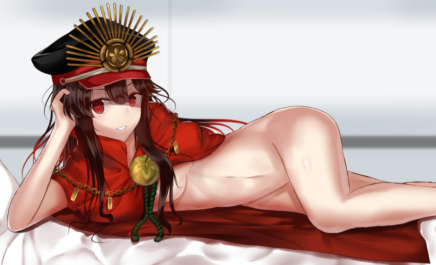 1girl arm_behind_back bed_sheet black_hat breasts brown_hair cape demon_archer fate/grand_order fate_(series) hair_between_eyes hat indoors komainu_(yamaha1997) long_hair looking_at_viewer lying medium_breasts military_hat naked_cape on_side pillow red_cape red_eyes shiny shiny_skin smile solo underwear