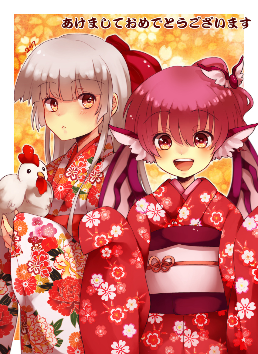 2017 2girls bangs bird bird_wings bow brown_eyes chicken fujiwara_no_mokou grey_hair hair_bow hair_ornament highres japanese_clothes kimono meiousei_(mamea) multiple_girls mystia_lorelei new_year open_mouth pink_hair rooster sleeves_past_wrists smile touhou wide_sleeves wings year_of_the_rooster