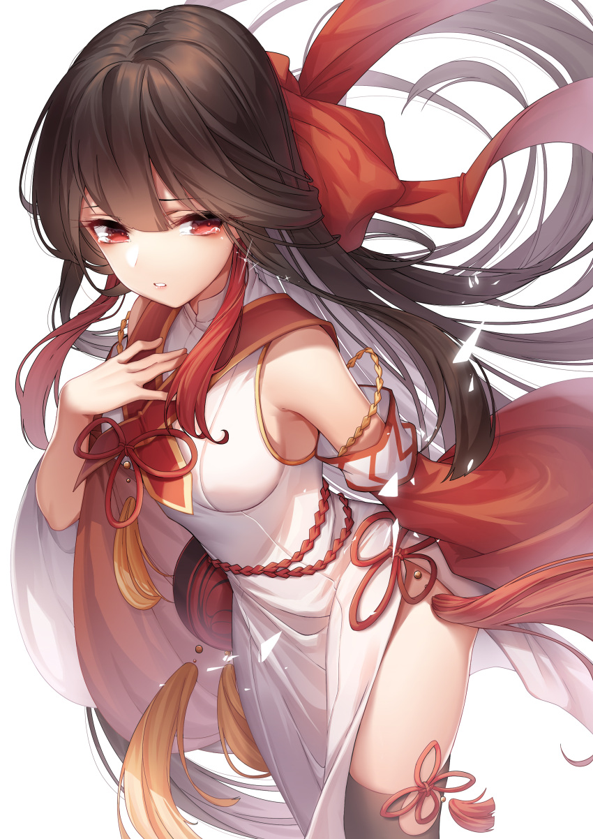 1girl absurdres bangs black_legwear blush breasts brown_hair chinese_clothes de_da_xianyu detached_sleeves dress floating_hair hair_between_eyes hand_on_own_chest hanfu highres leaning_forward long_hair looking_at_viewer medium_breasts original parted_lips red_eyes ribbon_trim side_slit simple_background solo tassel tears thigh-highs very_long_hair white_background white_dress