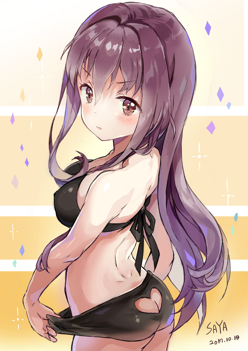 1girl absurdres arched_back artist_name ass bangs bikini bikini_pull black_bikini blush breasts brown_eyes butt_crack closed_mouth cowboy_shot dated dimples_of_venus eyebrows_visible_through_hair fate/grand_order fate_(series) from_side hair_between_eyes halter_top halterneck heart_cutout highres long_hair looking_at_viewer medium_breasts petite purple_hair saya_(mychristian2) scathach_(fate/grand_order) signature solo swimsuit younger