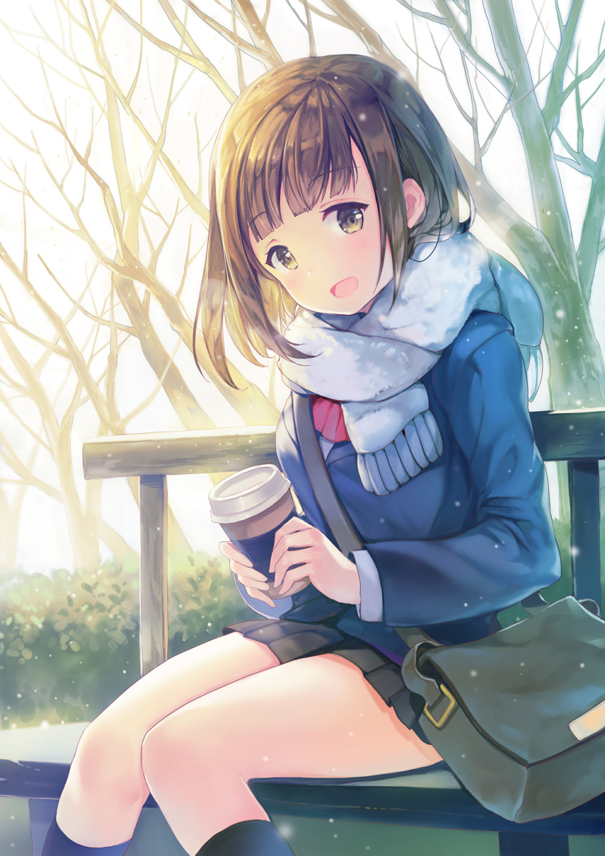 1girl bag bangs bare_tree black_hair blazer blush breath brown_eyes brown_hair coffee_cup commentary_request eyebrows_visible_through_hair highres jacket knees_together_feet_apart long_sleeves looking_at_viewer miniskirt open_mouth original pleated_skirt scarf school_uniform shoulder_bag sibyl sitting skirt smile snowing solo tree winter