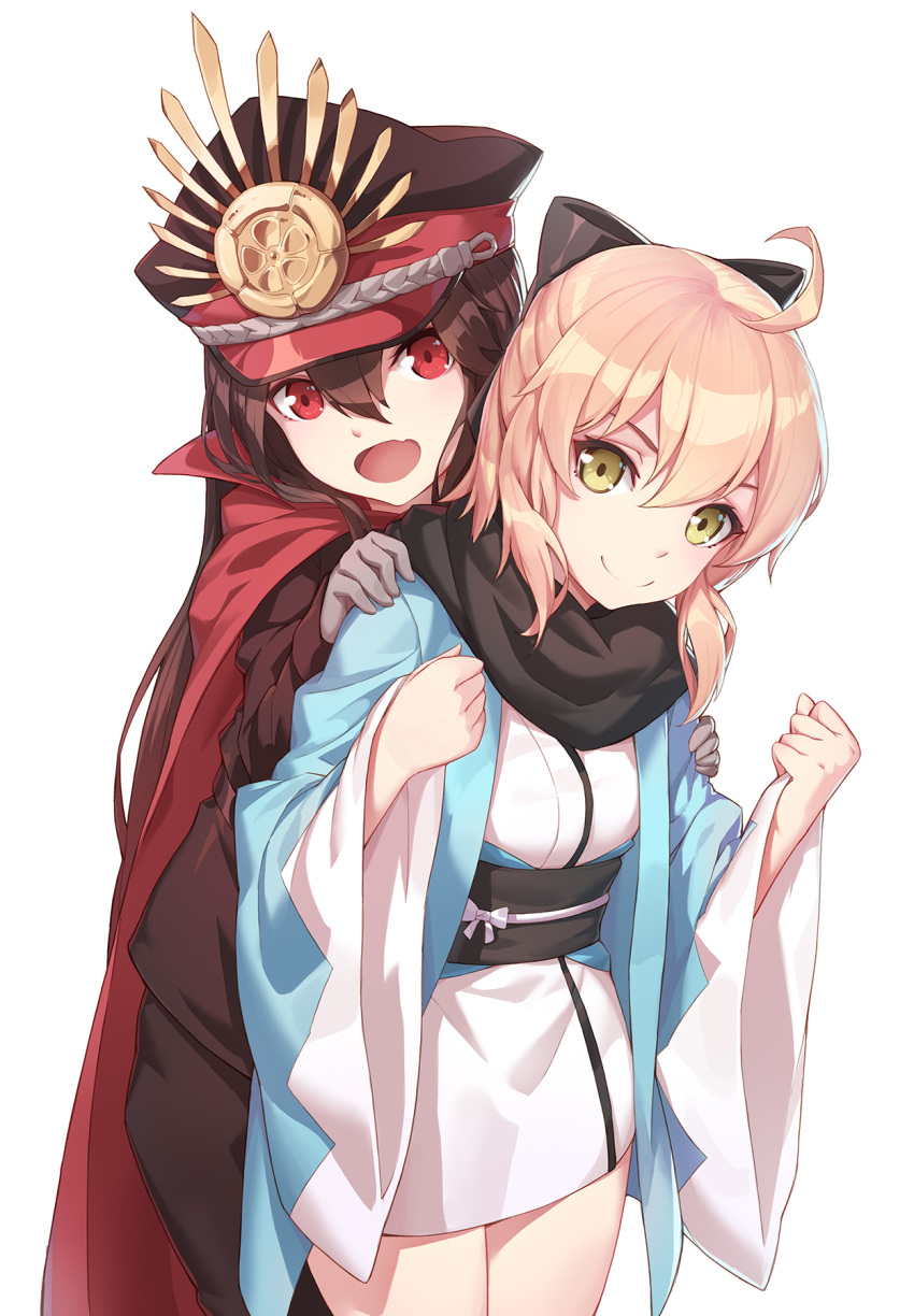 2girls :d ahoge black_bow black_hat black_pants blonde_hair bow brown_hair cape cowboy_shot demon_archer fate/grand_order fate_(series) gloves green_eyes grey_gloves hair_between_eyes hair_bow hand_on_another's_shoulder hat highres japanese_clothes kimono kimono_skirt long_hair looking_at_viewer military military_hat military_uniform multiple_girls nian open_mouth pants red_cape red_eyes red_scarf sakura_saber scarf shinsengumi short_hair simple_background smile uniform very_long_hair white_background white_kimono