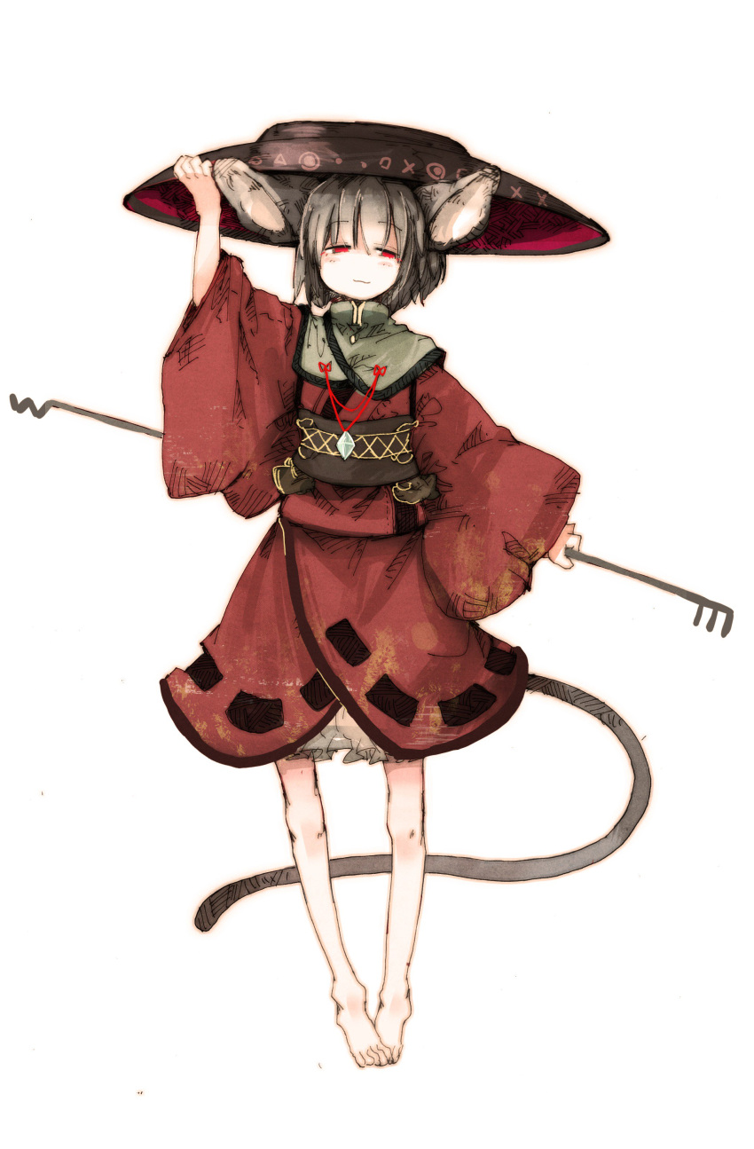 1girl absurdres animal_ears bare_legs barefoot bloomers bowl bowl_hat capelet cosplay daruia_(sabitare) full_body grey_hair hat highres japanese_clothes jewelry kimono mouse_ears mouse_tail nazrin obi pendant red_eyes red_kimono sash simple_background smile solo standing sukuna_shinmyoumaru sukuna_shinmyoumaru_(cosplay) tail touhou underwear white_background wide_sleeves