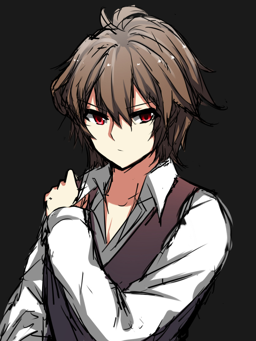1boy absurdres ahoge bangs brown_hair fate/apocrypha fate_(series) hands_on_shoulder highres long_sleeves looking_at_viewer male_focus red_eyes shirt short_hair sieg_(fate/apocrypha) solo solo_focus waistcoat white_shirt zzb