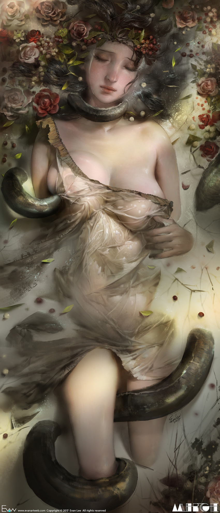 1girl absurdres artist_name black_hair branch breasts closed_eyes closed_mouth collarbone dated evan_lee flower food fruit highres large_breasts long_hair original partially_submerged realistic rose see-through signature solo tentacle water watermark