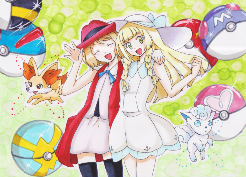 alolan_vulpix blonde_hair fennekin green_eyes lillie_(pokemon) marker_(medium) pokemon pokemon_(anime) pokemon_(creature) pokemon_sm_(anime) pokemon_xy_(anime) serena_(pokemon) traditional_media